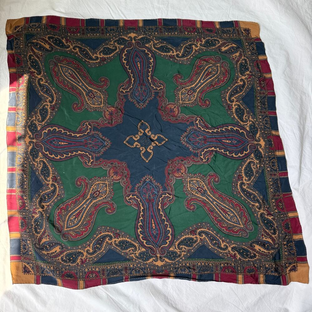 Vintage Silk Scarf 33" Paisley Medallion Green Navy Burgundy Gold